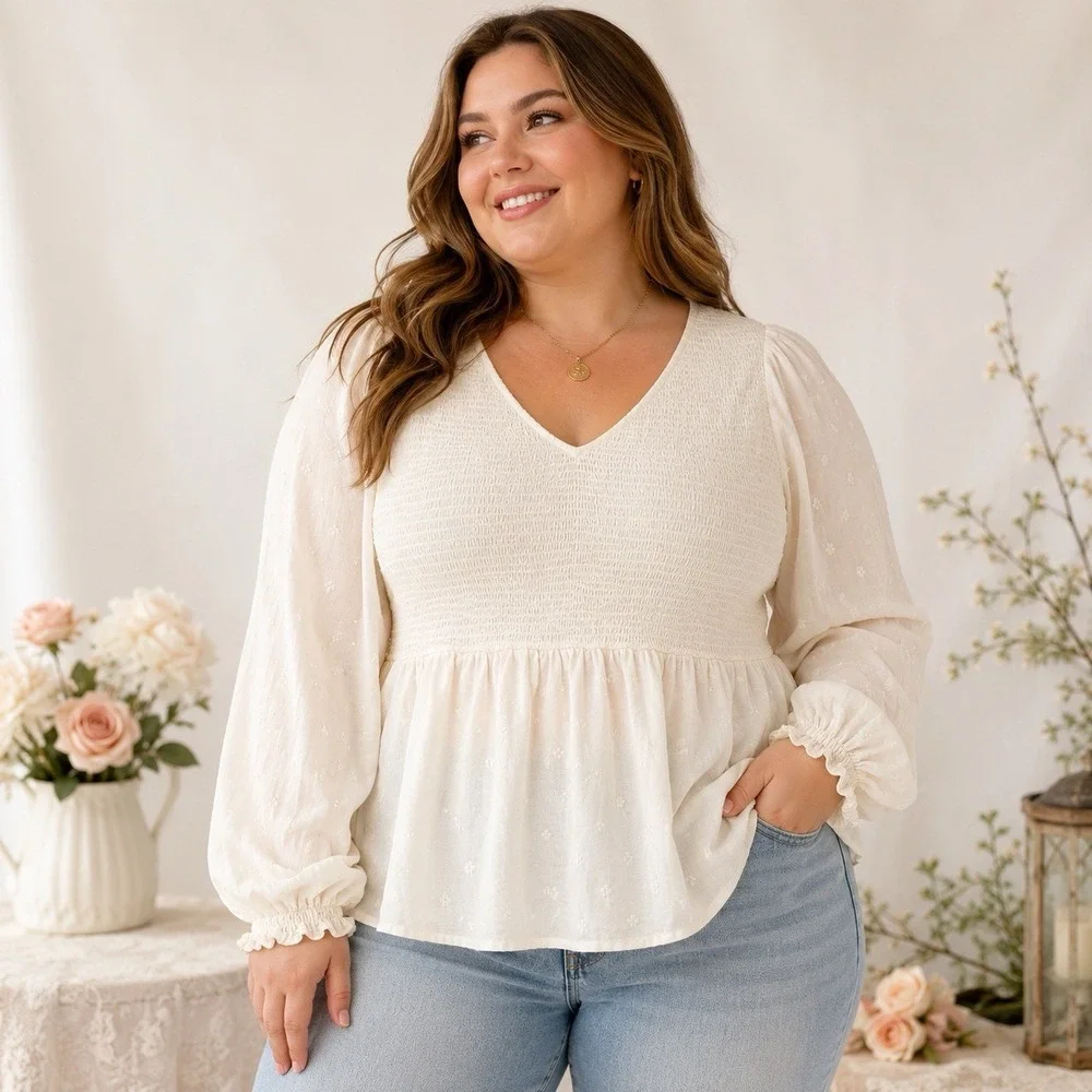 Old Navy 2X Ivory Smocked Peplum Blouse Puff Sleeve Swiss Dot Boho Cottagecore